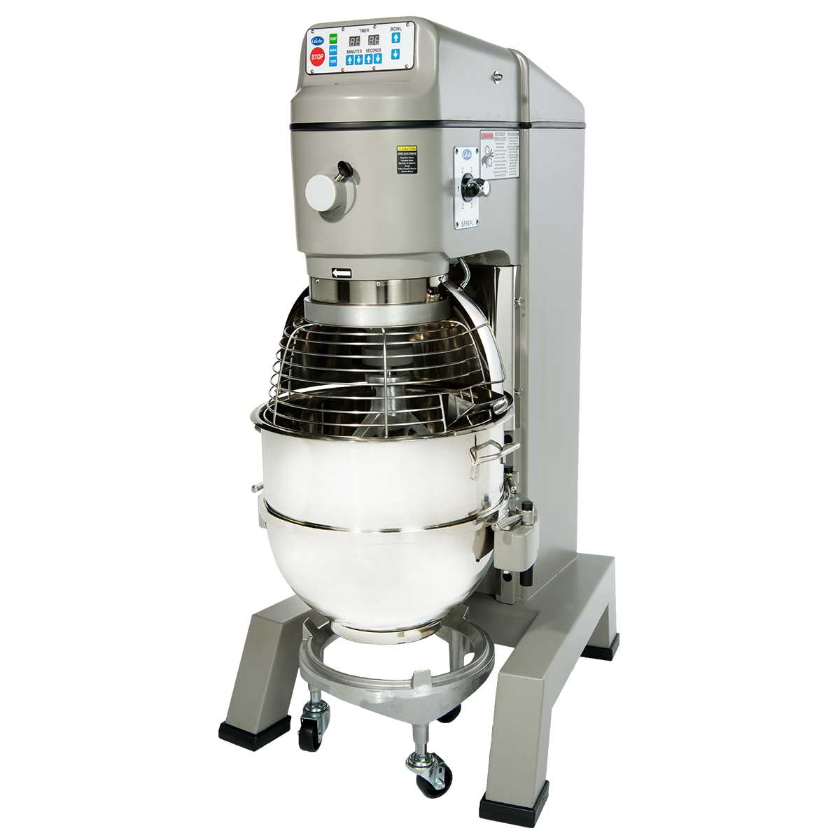 The Globe SP80PL-3 is an 80 qt planetary mixer featuring a stainless steel mixing bowl, wire safety guard, and digital control panel. Its sturdy metal body and wheeled support legs ensure mobility, making it ideal for industrial or bakery use.