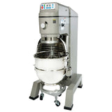 The Globe SP80PL-3 is an 80 qt planetary mixer featuring a stainless steel mixing bowl, wire safety guard, and digital control panel. Its sturdy metal body and wheeled support legs ensure mobility, making it ideal for industrial or bakery use.