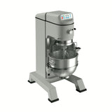 The Globe SP80PL-3 Planetary Mixer is a large, industrial stand mixer in silver and gray with a digital control panel, protective wire guard, and an 80 qt stainless steel mixing bowl, standing on sturdy legs with black feet, viewed at an angle on a white background.