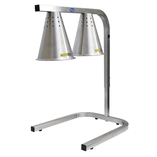 The Chefmate stainless steel Food Warming Lamp features two cone-shaped shades on a U-shaped stand with a flat, capped-base. Ideal for countertop use, it’s perfect for keeping food warm in busy commercial kitchens.