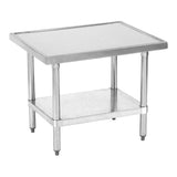 A Globe mixer table crafted from stainless steel, featuring a flat, rectangular top, lower shelf, and sturdy legs with adjustable feet—perfect for commercial kitchens and food prep areas with its simple, industrial design.