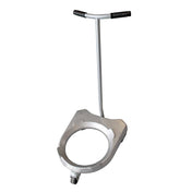 A lightweight, silver metal Bowl Truck with a circular frame and a single front wheel, designed for carrying gas cylinders. It features a vertical handlebar at the top with black grips on each end for easy maneuvering.