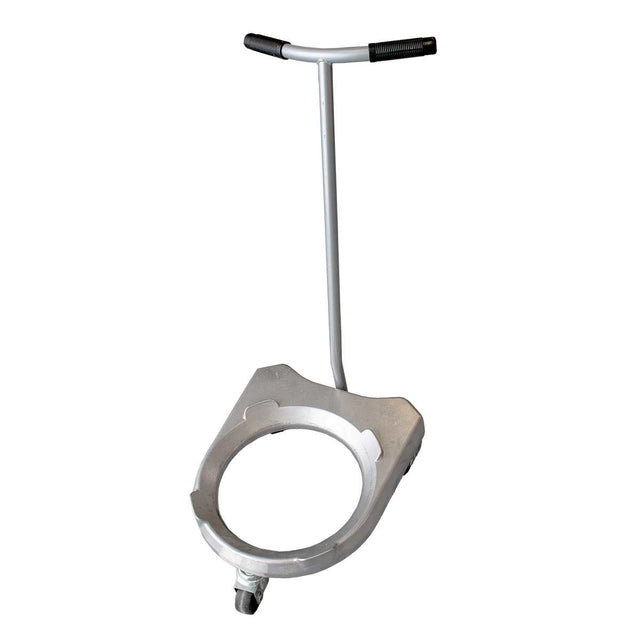 A lightweight, silver metal Bowl Truck with a circular frame and a single front wheel, designed for carrying gas cylinders. It features a vertical handlebar at the top with black grips on each end for easy maneuvering.
