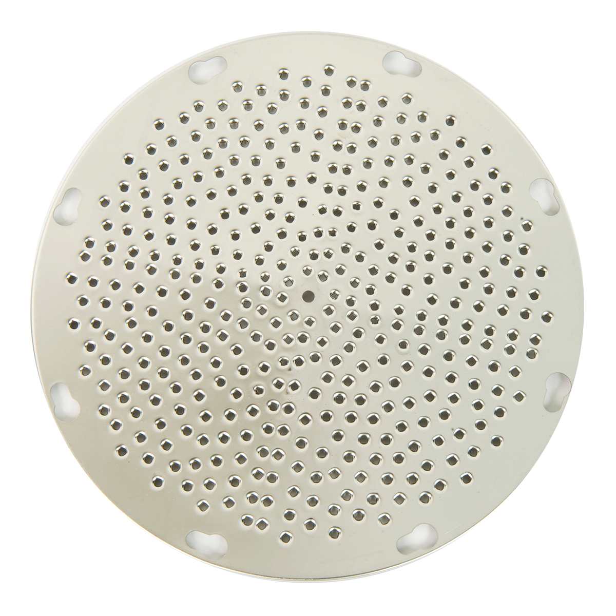 A round, metallic disc with numerous evenly spaced small holes arranged in concentric circles, this Grater Plate features six notched edges. Its shiny, reflective surface resembles a perforated strainer or part of a kitchen appliance.