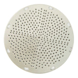 A round, metallic disc with numerous evenly spaced small holes arranged in concentric circles, this Grater Plate features six notched edges. Its shiny, reflective surface resembles a perforated strainer or part of a kitchen appliance.