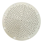 A round, metallic disc with numerous evenly spaced small holes arranged in concentric circles, this Grater Plate features six notched edges. Its shiny, reflective surface resembles a perforated strainer or part of a kitchen appliance.