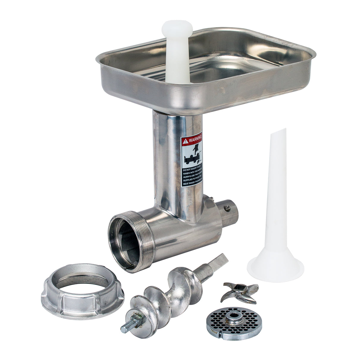 A stainless steel Meat Grinder Assembly with a #12 hub, tray, plunger, feed tube, screw, blade, grinding plate, collar, and a white sausage-stuffing funnel are all arranged separately on a white background.