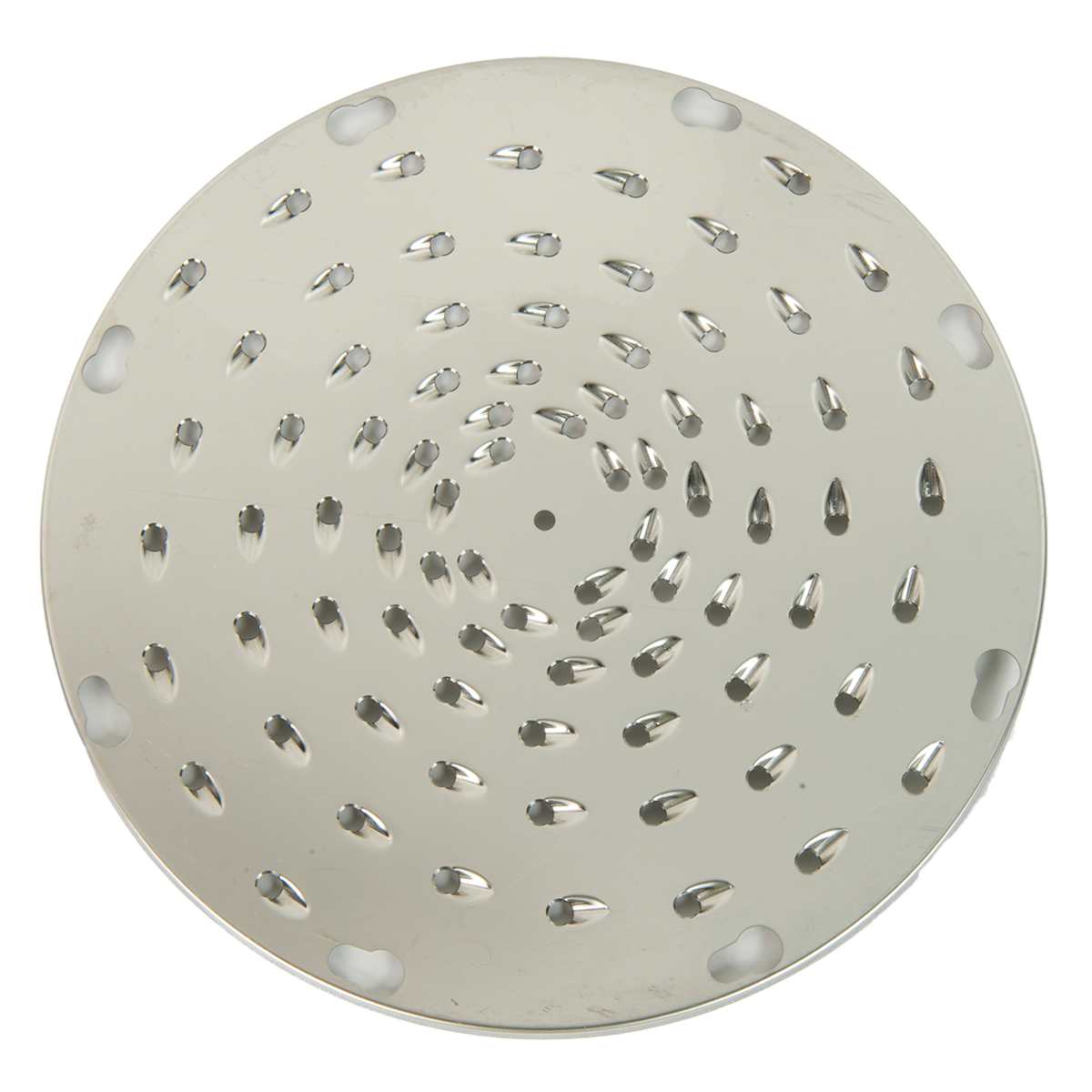A round, flat stainless steel shredding plate with sharp, raised holes in spiral patterns and several notches around the edge, designed for use in a food processor. The shiny surface is highly reflective and durable.