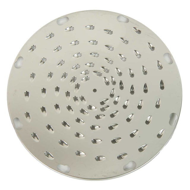 A round, flat stainless steel shredding plate with sharp, raised holes in spiral patterns and several notches around the edge, designed for use in a food processor. The shiny surface is highly reflective and durable.