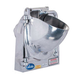 A metal commercial kitchen shredder housing with a sloped, open chute, silver finish, and handle on top. It is mounted on a base with visible screws and warning stickers, including one labeled “GLOBE” and another for safety instructions.