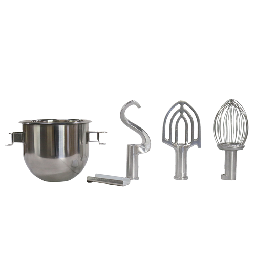 A set of SP40P mixer attachments on a white background: a 20 qt stainless steel bowl, dough hook, flat beater, wire whisk, and metal spatula—all arranged in a row from left to right, perfect for your adapter kit.