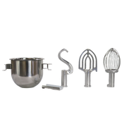A set of SP40P mixer attachments on a white background: a 20 qt stainless steel bowl, dough hook, flat beater, wire whisk, and metal spatula—all arranged in a row from left to right, perfect for your adapter kit.