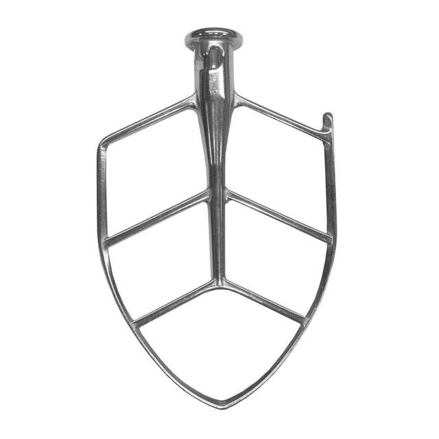 A stainless steel Flat Beater attachment for an 8 qt. mixer, shaped like a rounded triangle with three horizontal bars and a central vertical support. It features a cylindrical connector at the top for easy attachment. Background is plain white.