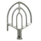 A stainless steel Flat Beater for a 25 qt. mixer, featuring an open, curved frame with a central connector. Its symmetrical, leaf-like shape includes multiple horizontal and vertical reinforcing bars for efficient mixing.