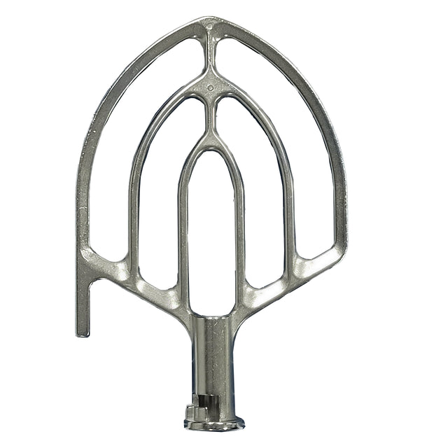 A stainless steel Flat Beater for a 25 qt. mixer, featuring an open, curved frame with a central connector. Its symmetrical, leaf-like shape includes multiple horizontal and vertical reinforcing bars for efficient mixing.