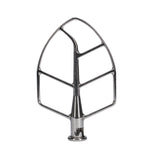 A stainless steel flat beater attachment for a 5 qt. mixer, shaped like a wide, leaf-like triangle with open sections and a central vertical bar, plus a cylindrical base for easy mixer attachment.