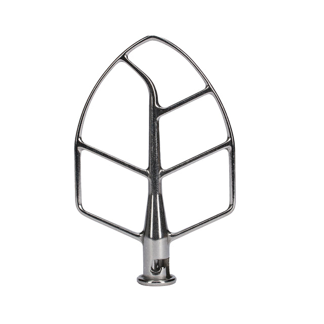 A stainless steel flat beater attachment for a 5 qt. mixer, shaped like a wide, leaf-like triangle with open sections and a central vertical bar, plus a cylindrical base for easy mixer attachment.