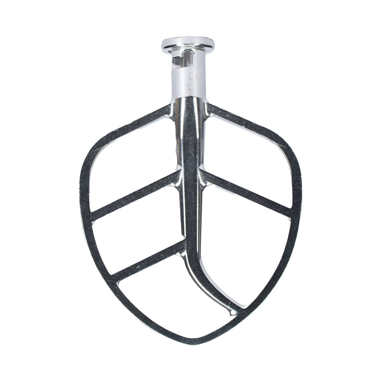 A shiny, silver Flat Beater for an 8 qt. mixer, shaped like a stylized leaf with three diagonal bars across the open frame, connected to a central vertical bar and attached to a cylindrical connector at the top. Compatible with Globe Middleby models.