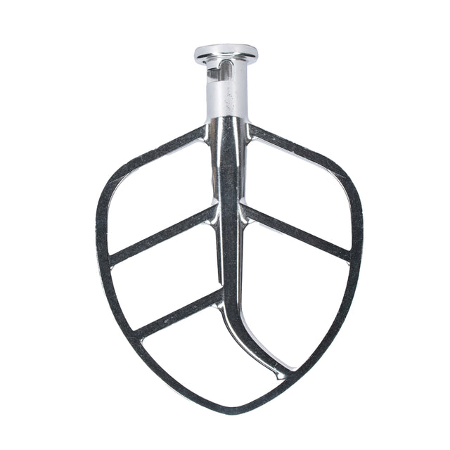 A shiny, silver Flat Beater for an 8 qt. mixer, shaped like a stylized leaf with three diagonal bars across the open frame, connected to a central vertical bar and attached to a cylindrical connector at the top. Compatible with Globe Middleby models.