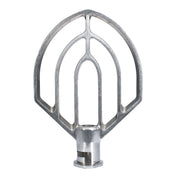 A Flat Beater for a 60 qt. mixer, crafted from smooth aluminum, shaped like an open leaf or paddle with curved and straight lines, featuring a central slot at the bottom for easy mixer attachment.