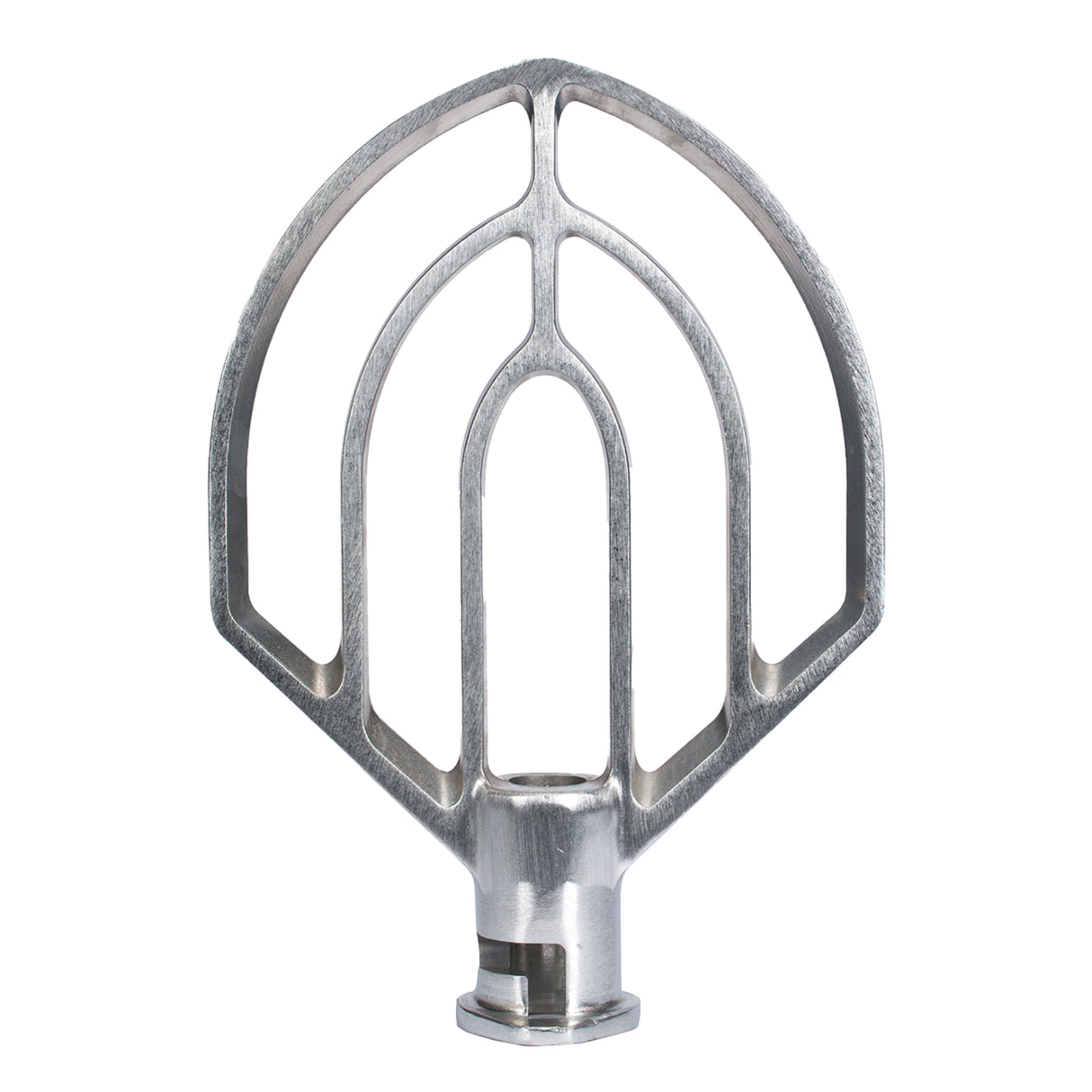 A smooth, shiny metal Flat Beater for a 30 qt. mixer, featuring a flat, wide geometric design with curved and straight lines forming multiple sections, and a central hub at the base for connecting to your Globe Middleby mixer.