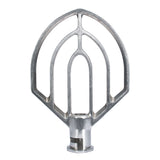 A smooth, shiny metal Flat Beater for a 30 qt. mixer, featuring a flat, wide geometric design with curved and straight lines forming multiple sections, and a central hub at the base for connecting to your Globe Middleby mixer.