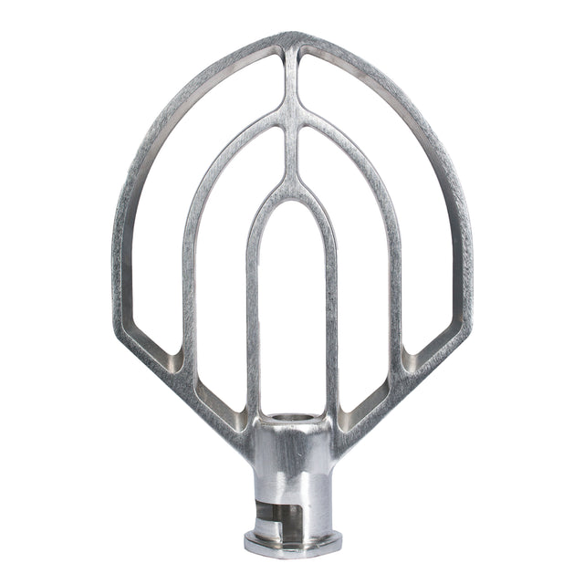 A brushed silver Flat Beater attachment for a 25 qt. mixer, shaped like a flat, open paddle with symmetrical, curved bars and a central vertical support. Designed for Globe Middleby mixers, it features a cylindrical base for easy attachment.