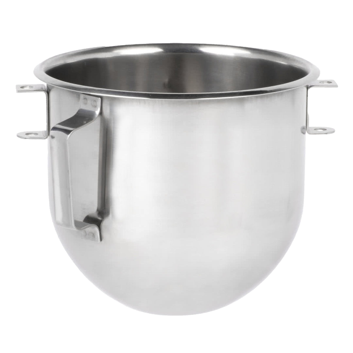 A large, shiny Globe Middleby 5 qt. stainless steel bowl with a handle and two metal brackets for attaching to a stand mixer. The rounded bottom and slightly flared top edge reflect light on its smooth surface.