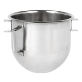 A large, shiny Globe Middleby 5 qt. stainless steel bowl with a handle and two metal brackets for attaching to a stand mixer. The rounded bottom and slightly flared top edge reflect light on its smooth surface.