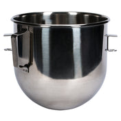 A large, shiny 8 qt stainless steel bowl with a sturdy handle and two side attachments, designed to fit into a stand mixer. The bowl has a smooth, reflective surface and a rounded bottom, photographed empty against a white background.
