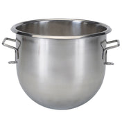 A large, 20 qt. stainless steel bowl with a shiny finish, rounded bottom, and two sturdy handles. The Globe XXBOWL-20 mixer bowl features a wide open top, smooth reflective surface, and looped handles for effortless gripping and carrying.