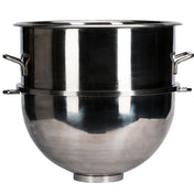 Large, shiny stainless steel mixing bowl with a flat base and two side handles. This 60 qt. bowl features a cylindrical top, rounded bottom, and a reflective surface showing highlights and faint reflections. No visible contents inside.