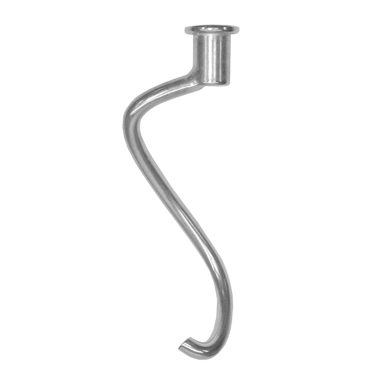 A stainless steel Spiral Dough Hook with a smooth, metallic finish and a rounded hook, designed for a 5 qt. mixer. The spiral shape ensures efficient kneading, while the top fitting section connects easily to your stand mixer.