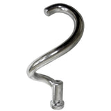 A metallic Spiral Dough Hook attachment, designed for an 8 qt. mixer like the Globe Middleby, is isolated on a white background. The hook is shiny, curved in an S shape, with a mounting connector at the base.