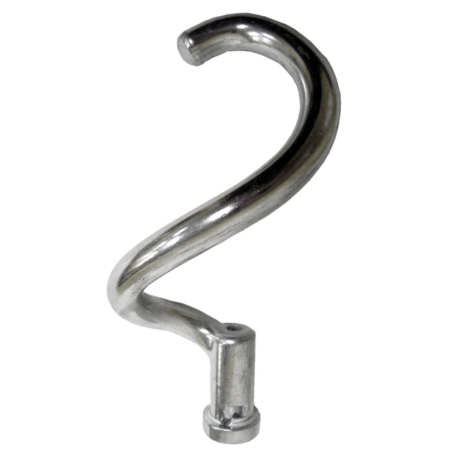A metallic Spiral Dough Hook attachment, designed for an 8 qt. mixer like the Globe Middleby, is isolated on a white background. The hook is shiny, curved in an S shape, with a mounting connector at the base.