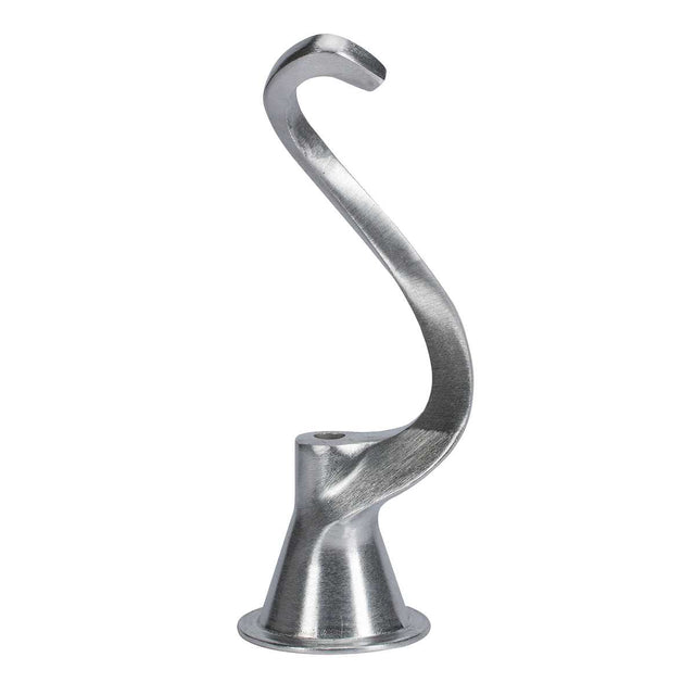 A polished Spiral Dough Hook, designed for the Globe Middleby 30 qt. mixer. Its smooth, spiral design curves upward from a wide base to a narrow tip—perfect for efficiently kneading dough in your stand mixer.