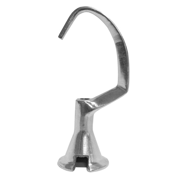 A shiny, smooth mixer dough hook with a curved shape and flared base, made for a 20 qt. mixer. Crafted from durable stainless steel, this attachment stands upright against a plain white background, perfect for heavy-duty mixing tasks.