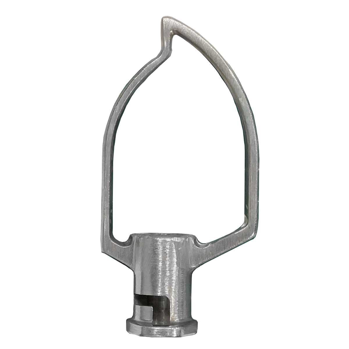 A metal stand mixer beater attachment shaped like a large leaf or teardrop for a 10 qt. mixer. It has a flat base that fits into the Globe Middleby and a wide, curved wire extending upward, narrowing to a pointed tip with an open center and two supporting bars.