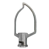 A metal stand mixer beater attachment shaped like a large leaf or teardrop for a 10 qt. mixer. It has a flat base that fits into the Globe Middleby and a wide, curved wire extending upward, narrowing to a pointed tip with an open center and two supporting bars.