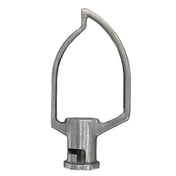A metal stand mixer beater attachment shaped like a large leaf or teardrop for a 10 qt. mixer. It has a flat base that fits into the Globe Middleby and a wide, curved wire extending upward, narrowing to a pointed tip with an open center and two supporting bars.