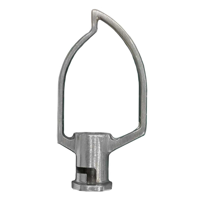 A metal stand mixer beater attachment shaped like a large leaf or teardrop for a 10 qt. mixer. It has a flat base that fits into the Globe Middleby and a wide, curved wire extending upward, narrowing to a pointed tip with an open center and two supporting bars.