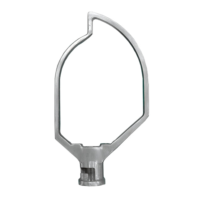 A metal stand mixer paddle attachment with a flat, leaf-shaped frame and an open center, designed for mixing dough or batter in a Globe 20 qt. mixer. The attachment has a solid base for connecting to a mixer and a smooth, polished metallic surface.