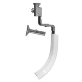 A metal wall bracket from a mounting kit connects to a curved white plastic gutter downspout, supporting a hinge joint that lets the downspout pivot away from the wall. The image is on a plain white background.