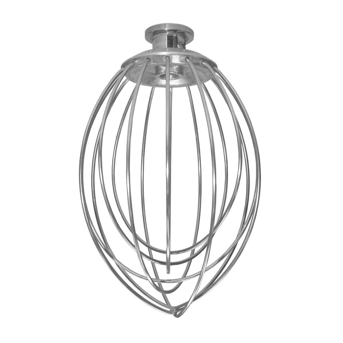 A stainless steel wire whip attachment for a 5 qt. mixer, shaped like an elongated balloon with multiple curved wires converging at both ends, and a metal base for connecting to the mixer.