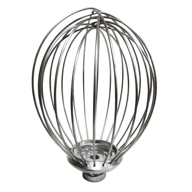 A stainless steel Wire Whip balloon whisk attachment for an 8 qt. mixer, featuring multiple curved wires forming an oval cage shape with a round base designed to fit securely into the mixer.