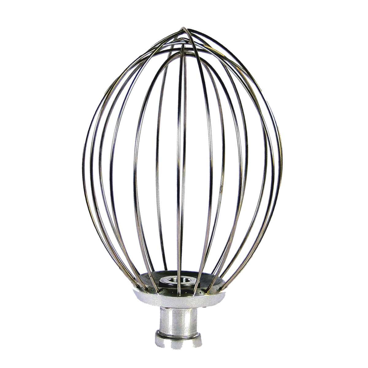 A stainless steel wire whip attachment with a metal base, designed for use with a 20 qt. mixer. The evenly spaced, curved wires form an open, balloon-like shape, perfect for whipping and mixing ingredients efficiently.