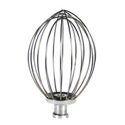 A stainless steel wire whip attachment with a metal base, designed for use with a 20 qt. mixer. The evenly spaced, curved wires form an open, balloon-like shape, perfect for whipping and mixing ingredients efficiently.