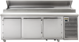 The BLU 3-Row Glycol Prep Table is a large commercial stainless steel prep table featuring self-contained refrigeration, three lower cabinet doors, a flat working surface, raised back ledge, ventilation grills, wheels, and a digital temperature display.
