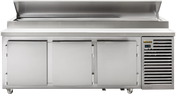 The BLU 3-Row Glycol Prep Table is a large commercial stainless steel prep table featuring self-contained refrigeration, three lower cabinet doors, a flat working surface, raised back ledge, ventilation grills, wheels, and a digital temperature display.