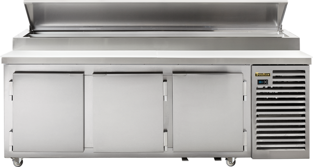 The BLU 3-Row Glycol Prep Table is a large commercial stainless steel prep table featuring self-contained refrigeration, three lower cabinet doors, a flat working surface, raised back ledge, ventilation grills, wheels, and a digital temperature display.